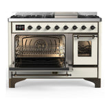 ILVE UM48FNR3AWB Majestic III 48 inch Dual Fuel Range with 8 Burners and Griddle, Dual Function Burner up to 25,000 BTU (Natural Gas, Triple Glass Door, Antique White, Burnished)