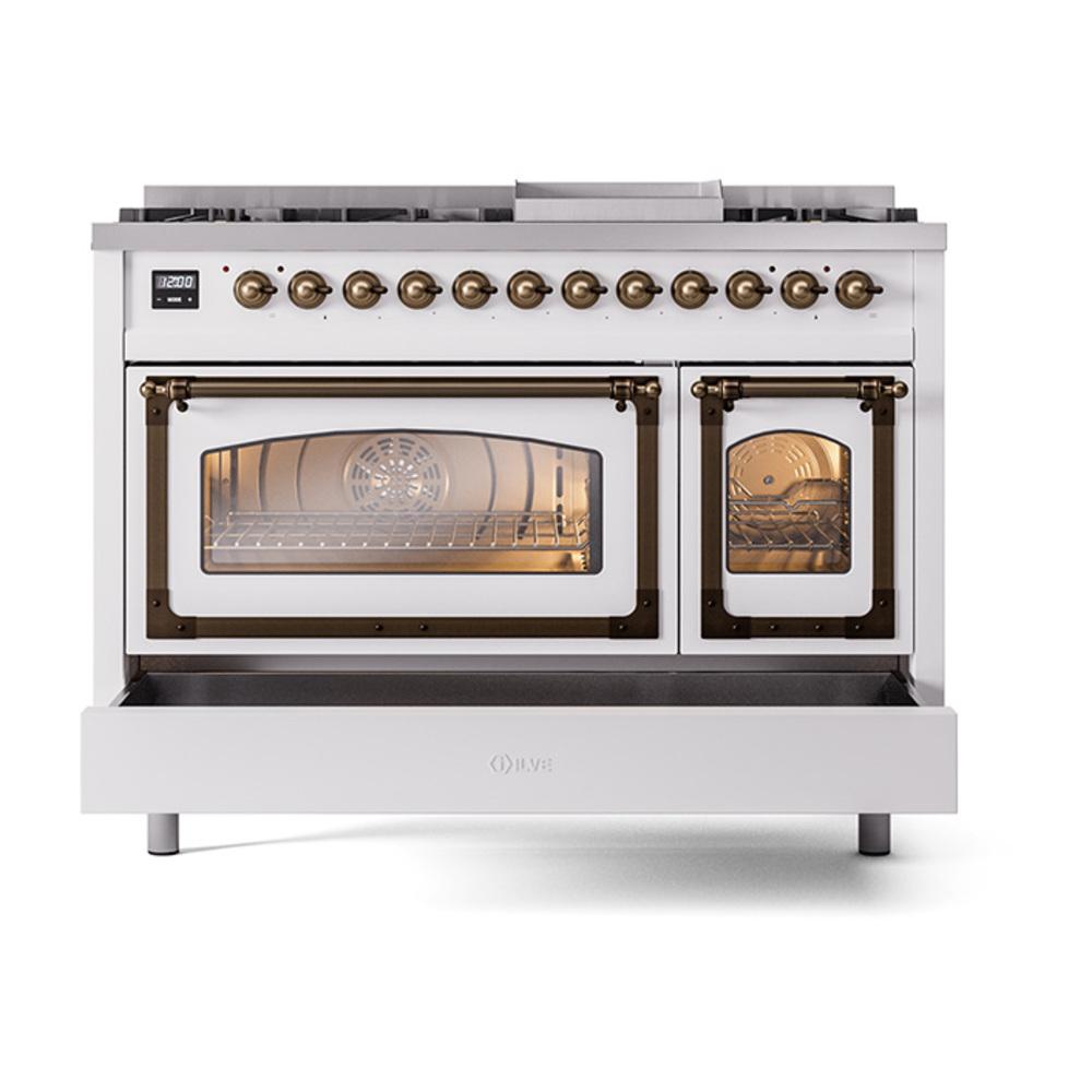 ILVE UN48FNMPWHB Nostalgie II Noblesse 48 inch Dual Fuel Range (8 Sealed Burners + Griddle, Natural Gas, Triple Glass Door, White, Burnished)
