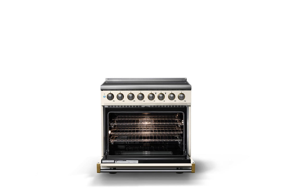 36"W. Induction Range (Finish: Pure White, Trim: Brushed Brass)