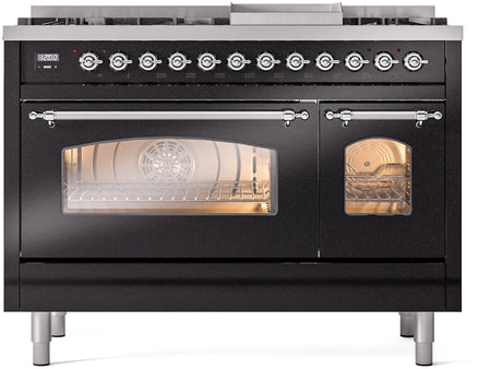Nostalgie II 48 Inch Dual Fuel Liquid Propane Freestanding Range in Glossy Black with Chrome Trim