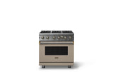 36"W. Open Burner Gas Range (Finish: Nantucket, Trim: Brushed Brass, Fuel: Natural Gas)