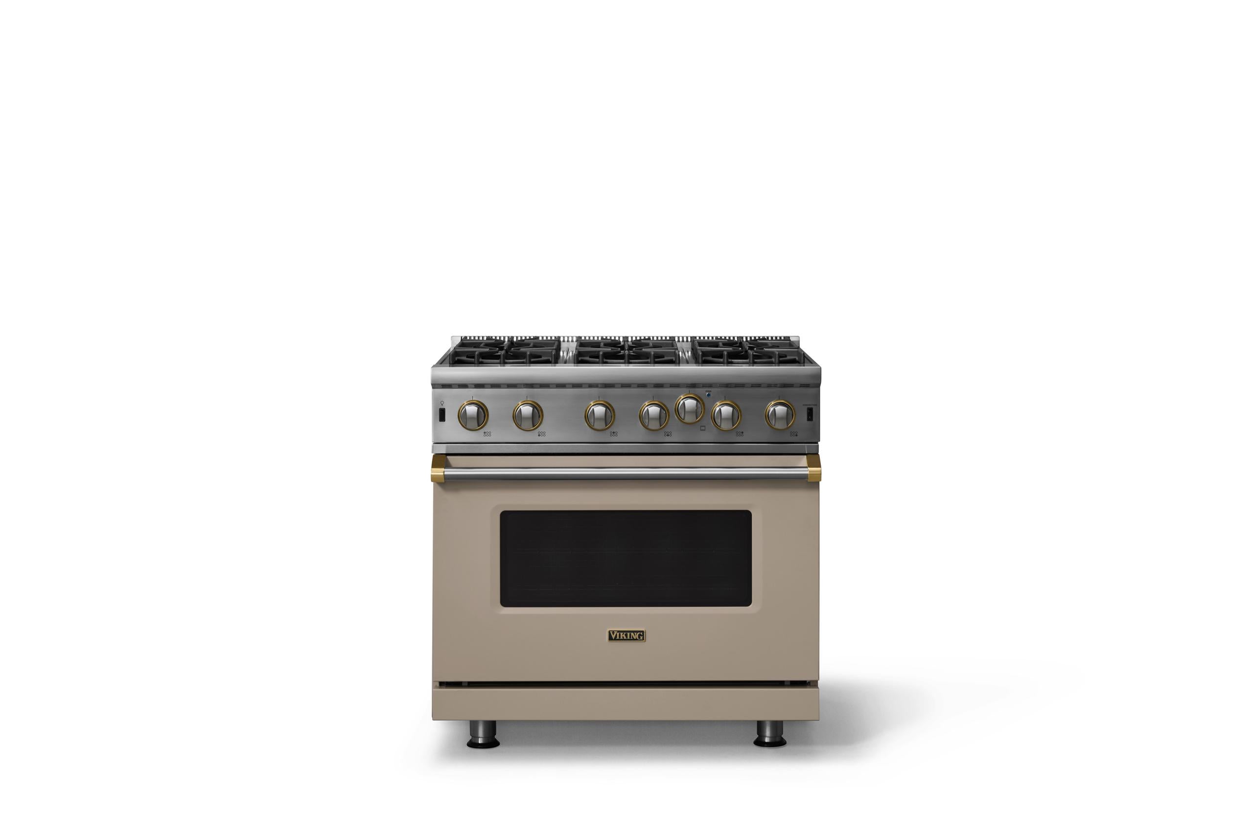 36"W. Open Burner Gas Range (Finish: Nantucket, Trim: Brushed Brass, Fuel: Propane)