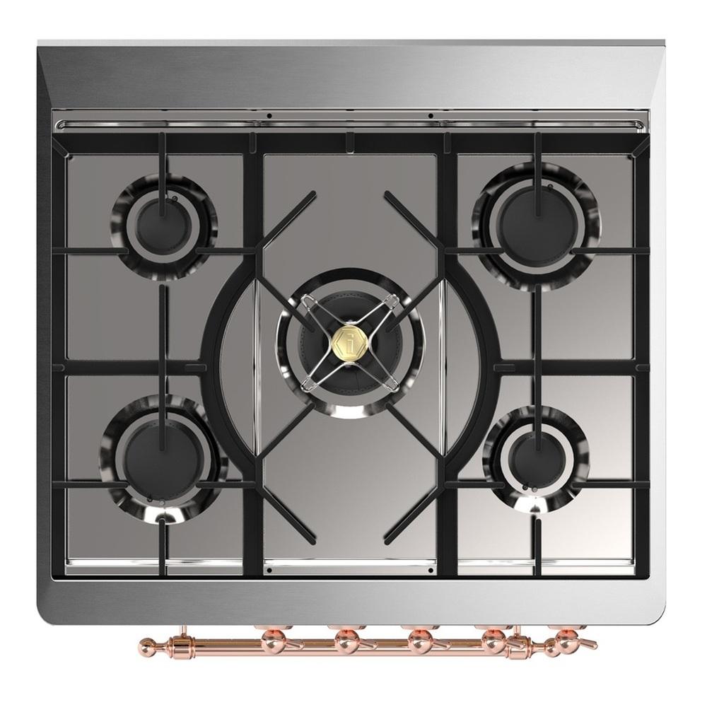 ILVE UM30QNR3EGP Majestic III 30 inch Dual Fuel Range with 5 Black Brass Burners, Dual Function Burner up to 25,000 BTU (Natural Gas, Solid Door, Emerald Green, Copper)