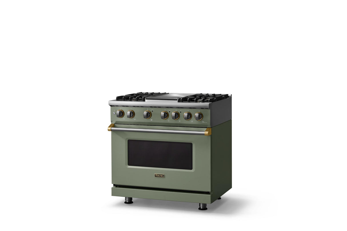 36"W. Dual Fuel Range (Burner: 4g, Finish: Eucalyptus, Trim: Polished Chrome, Fuel: Propane)