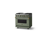36"W. Dual Fuel Range (Burner: 4g, Finish: Eucalyptus, Trim: Brushed Brass, Fuel: Propane)
