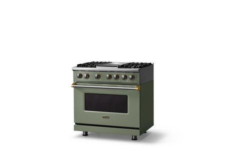 36"W. Dual Fuel Range (Burner: 4g, Finish: Eucalyptus, Trim: Brushed Brass, Fuel: Propane)