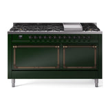 ILVE UN60FQNMPEGBLP Nostalgie II Noblesse 60 inch Dual Fuel Range (9 Sealed Burners + Griddle, Liquid Propane, Solid Door, Emerald Green, Burnished)