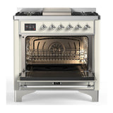 ILVE UM36FQNR3AWCLP Majestic III 36 inch Dual Fuel Range with 6 Black Brass Burners and Griddle, Dual Function Burner up to 25,000 BTU (Solid Door, Antique White, Chrome, Liquid Propane)