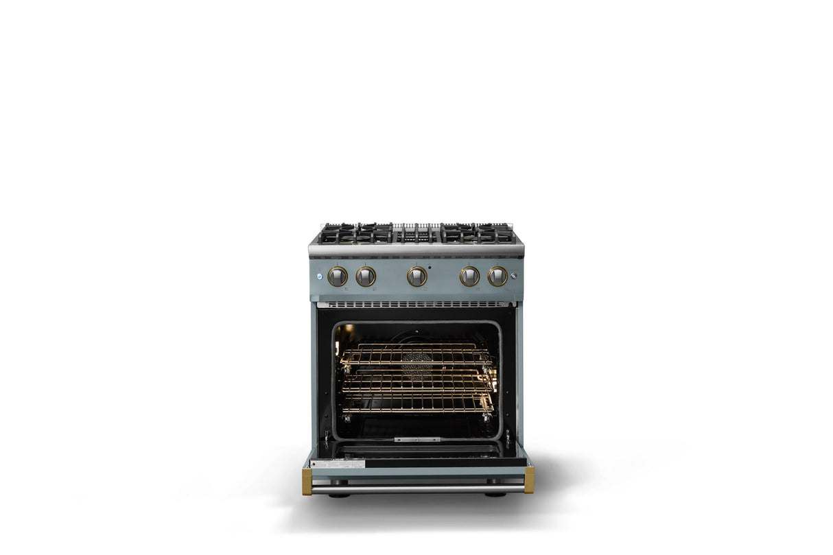 30"W. Sealed Burner Gas Range (Finish: November Sky, Trim: Polished Chrome, Fuel: Propane)