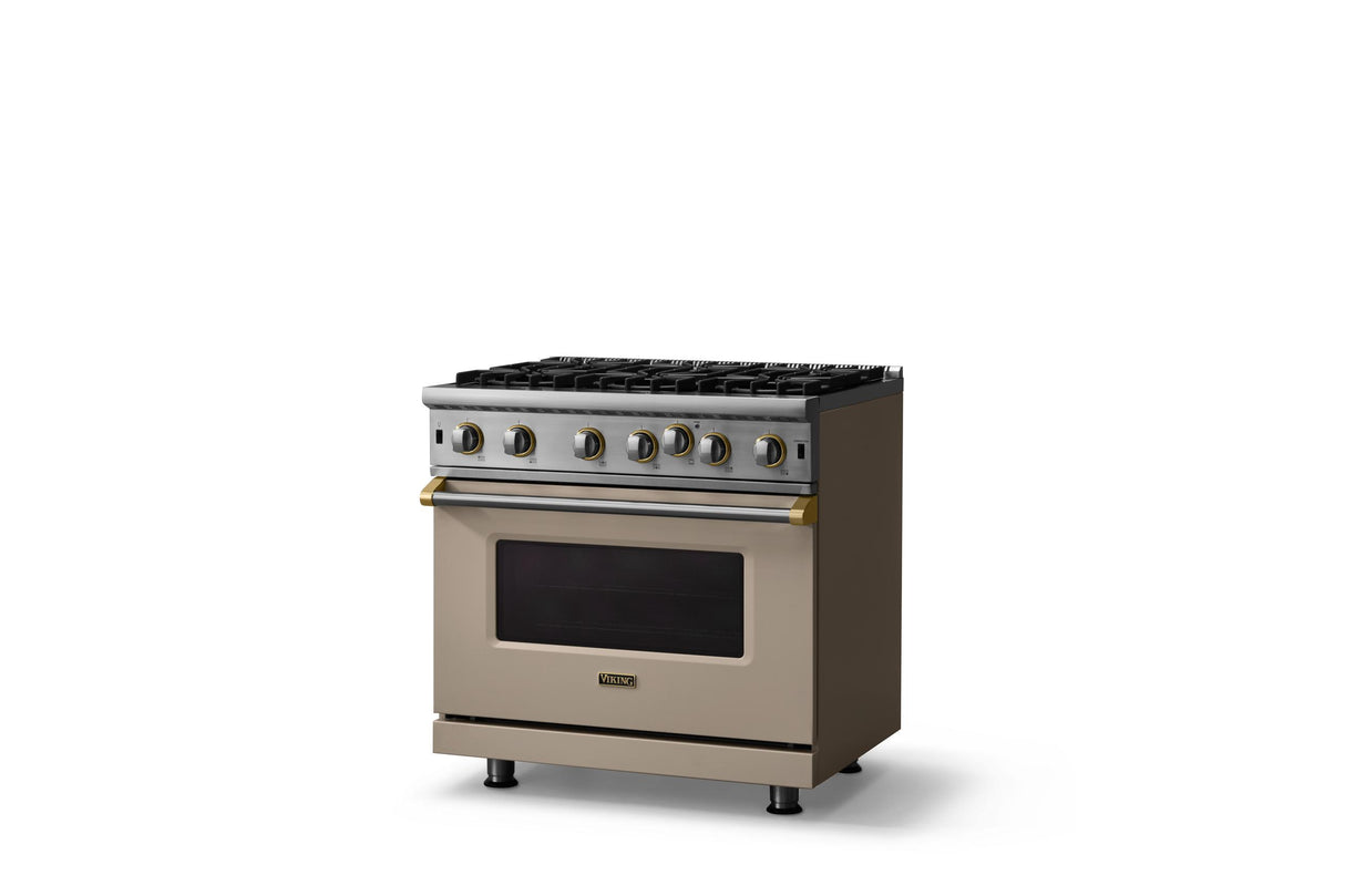 36"W. Open Burner Gas Range (Finish: Nantucket, Trim: Brushed Brass, Fuel: Natural Gas)