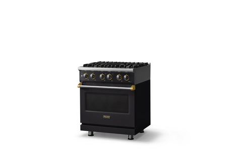 30"W. Dual Fuel Range (Finish: Onyx, Trim: Brushed Brass, Fuel: Natural Gas)