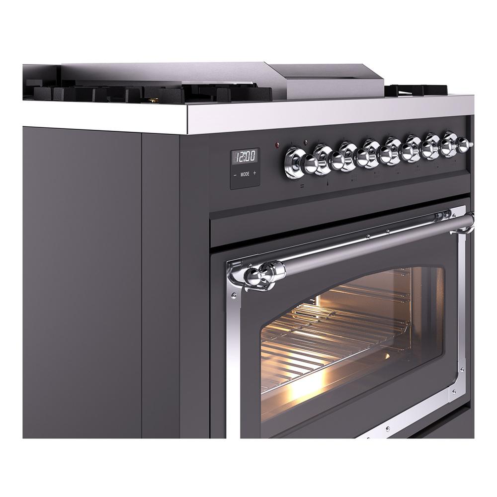ILVE UN36FNMPMGC Nostalgie II Noblesse 36 inch Dual Fuel Range (Natural Gas, Triple Glass Door, Graphite Matte, Chrome)