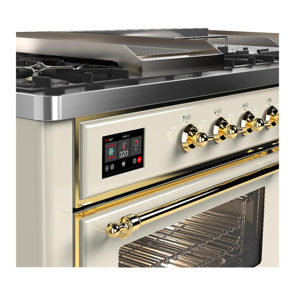 ILVE UM60FSNR3AWGLP Majestic III 60 inch Dual Fuel Range with 7 Burners, Griddle and French Top, Dual Function Burner with up to 25,000 BTU (Liquid Propane, Triple Glass Door, Antique White, Brass)