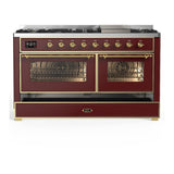 ILVE UM60FNR3BUG Majestic III 60 inch Dual Fuel Range with 9 Burners and Griddle, Dual Function Burner up to 25,000 BTU (Natural Gas, Triple Glass Door, Burgundy, Brass)