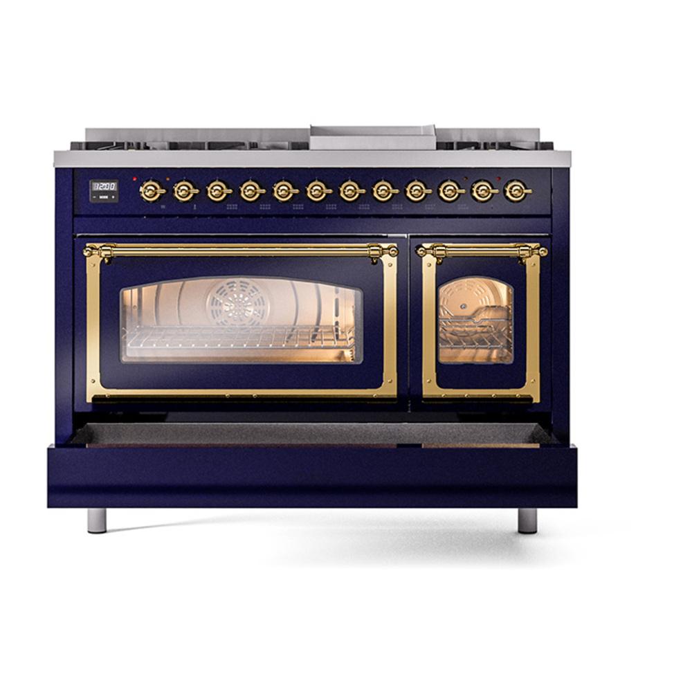 ILVE UN48FNMPMBG Nostalgie II Noblesse 48 inch Dual Fuel Range (8 Sealed Burners + Griddle, Natural Gas, Triple Glass Door, Midnight Blue, Brass)