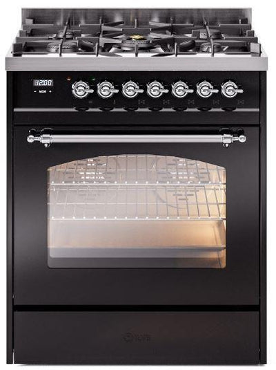 Nostalgie II 30 Inch Dual Fuel Natural Gas Freestanding Range in Glossy Black with Chrome Trim