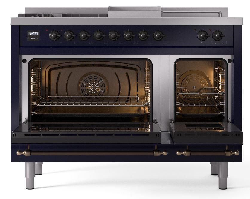 Nostalgie II 48 Inch Dual Fuel Natural Gas Freestanding Range in Blue with Bronze Trim