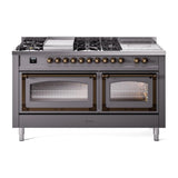 ILVE UN60FSNMPMGBLP Nostalgie II Noblesse 60 inch Dual Fuel Range (7 Sealed Burners + Griddle + French Top, Liquid Propane, Triple Glass Door, Graphite Matte, Burnished)