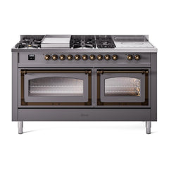 ILVE UN60FSNMPMGBLP Nostalgie II Noblesse 60 inch Dual Fuel Range (7 Sealed Burners + Griddle + French Top, Liquid Propane, Triple Glass Door, Graphite Matte, Burnished)