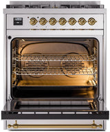 Nostalgie II 30 Inch Dual Fuel Liquid Propane Freestanding Range in Stainless Steel with Brass Trim