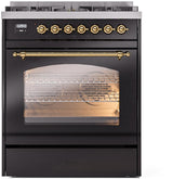 Nostalgie II 30 Inch Dual Fuel Natural Gas Freestanding Range in Glossy Black with Brass Trim