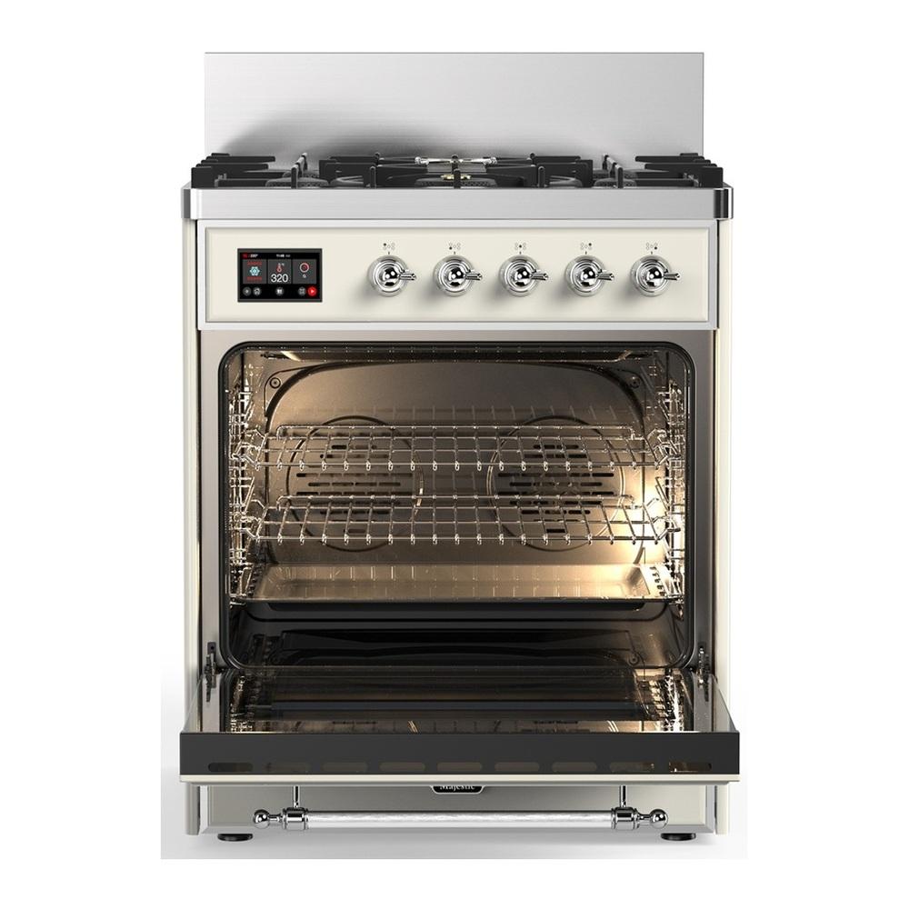 ILVE UM30QNR3AWC Majestic III 30 inch Dual Fuel Range with 5 Black Brass Burners, Dual Function Burner up to 25,000 BTU (Natural Gas, Solid Door, Antique White, Chrome)