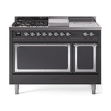 ILVE UN48FSQNMPMGCLP Nostalgie II Noblesse 48 inch Dual Fuel Range (5 Sealed Burners + Griddle + French Top, Liquid Propane, Solid Door, Graphite Matte, Chrome)