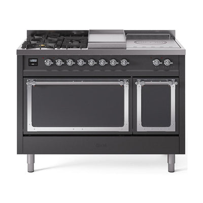 ILVE UN48FSQNMPMGCLP Nostalgie II Noblesse 48 inch Dual Fuel Range (5 Sealed Burners + Griddle + French Top, Liquid Propane, Solid Door, Graphite Matte, Chrome)