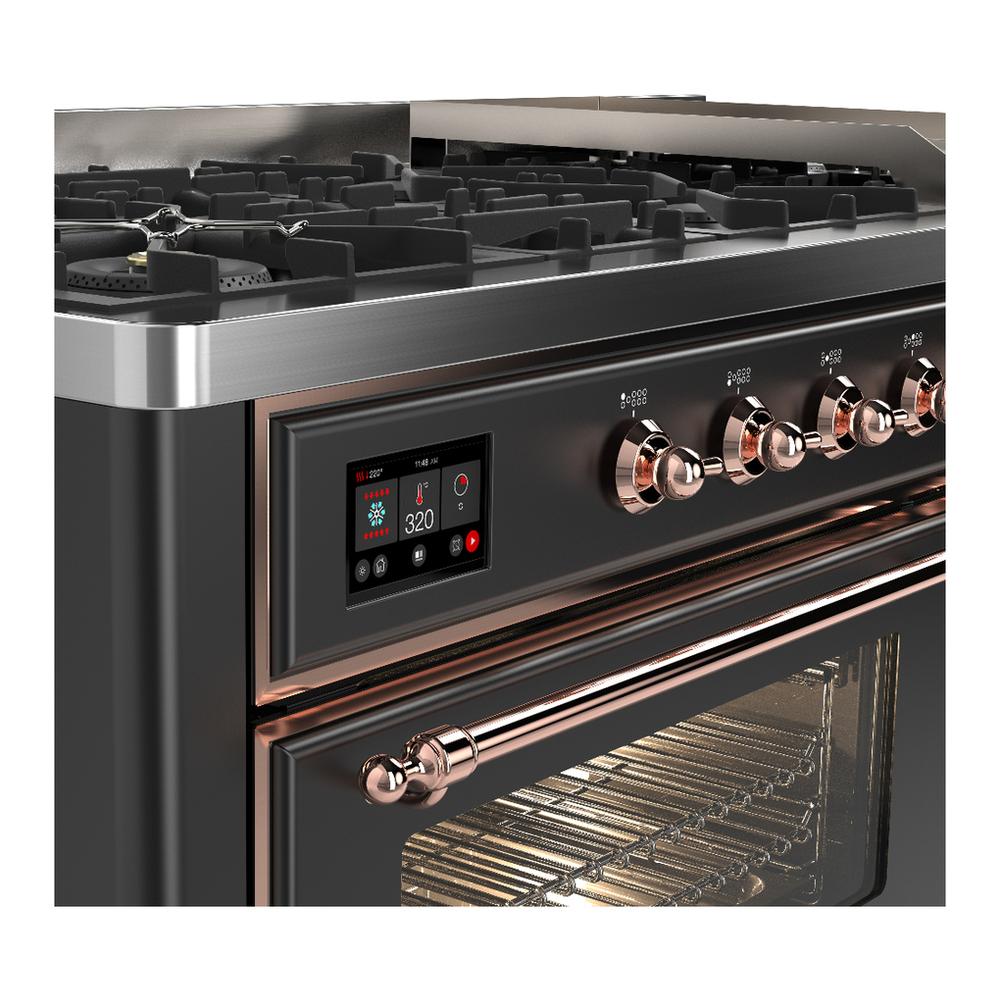 ILVE UM60FNR3MGP Majestic III 60 inch Dual Fuel Range with 9 Burners and Griddle, Dual Function Burner up to 25,000 BTU (Natural Gas, Triple Glass Door, Graphite Matte, Copper)