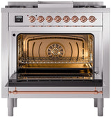 Nostalgie II 36 Inch Dual Fuel Natural Gas Freestanding Range in Stainless Steel with Copper Trim