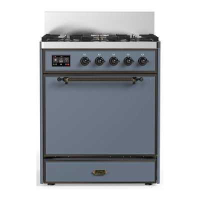 ILVE UM30QNR3BGB Majestic III 30 inch Dual Fuel Range with 5 Black Brass Burners, Dual Function Burner up to 25,000 BTU (Natural Gas, Solid Door, Blue Grey, Burnished)