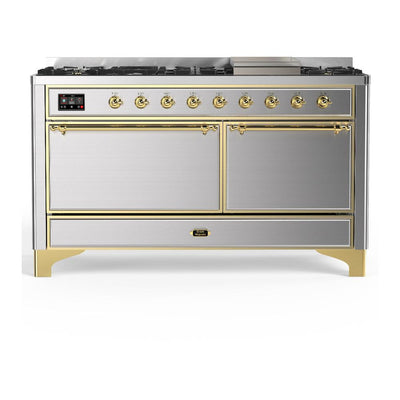 ILVE UM60FQNR3SSGLP Majestic III 60 inch Dual Fuel Range with 9 Burners and Griddle, Dual Function Burner up to 25,000 BTU (Liquid Propane, Solid Door, Stainless Steel, Brass)