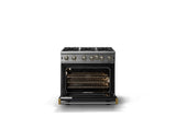 36"W. Open Burner Gas Range (Finish: Onyx, Trim: Brushed Brass, Fuel: Natural Gas)