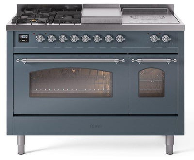 Nostalgie II 48 Inch Dual Fuel Liquid Propane Freestanding Range in Blue Grey with Chrome Trim