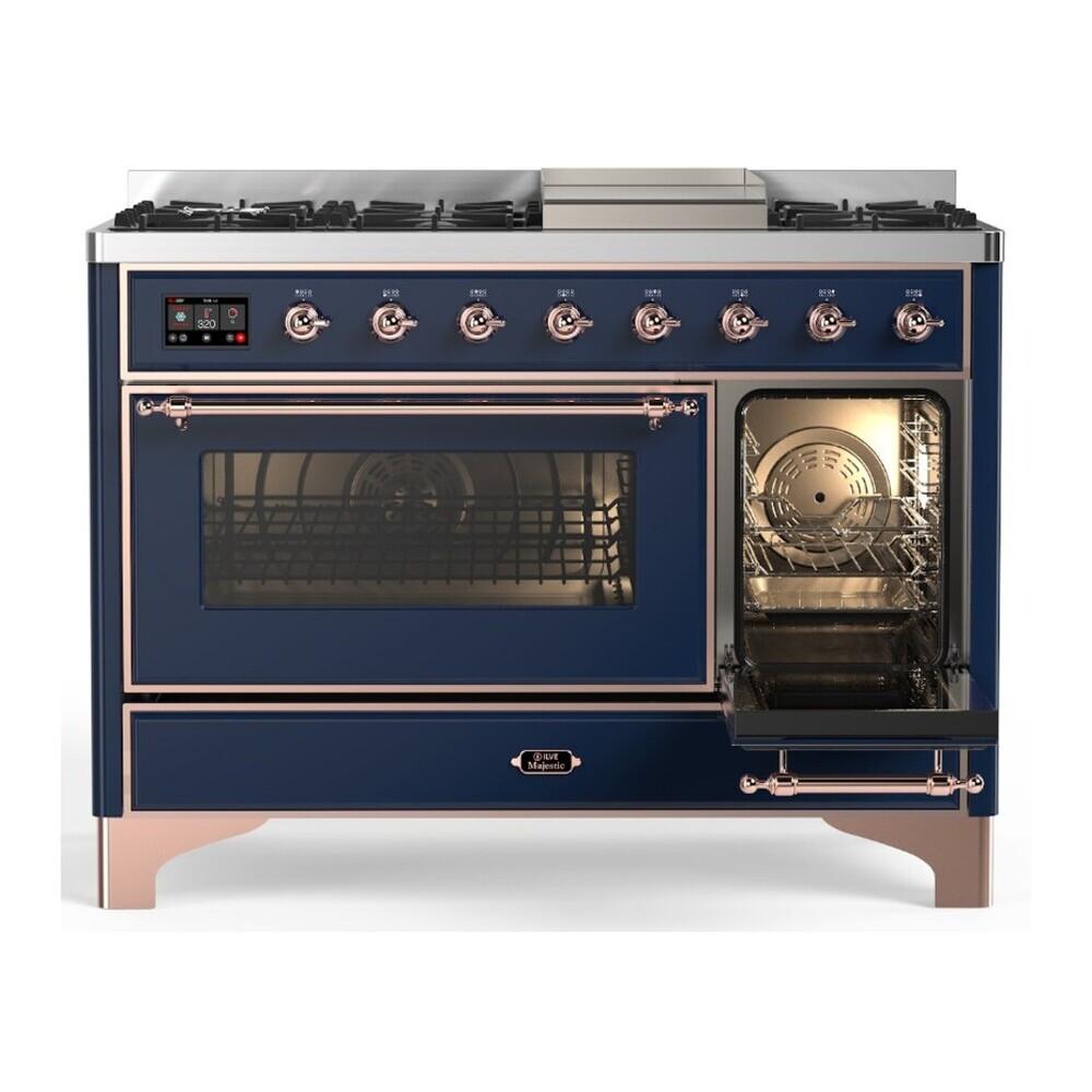 ILVE UM48FNR3MBPLP Majestic III 48 inch Dual Fuel Range with 8 Burners and Griddle, Dual Function Burner up to 25,000 BTU (Liquid Propane, Triple Glass Door, Midnight Blue, Copper)