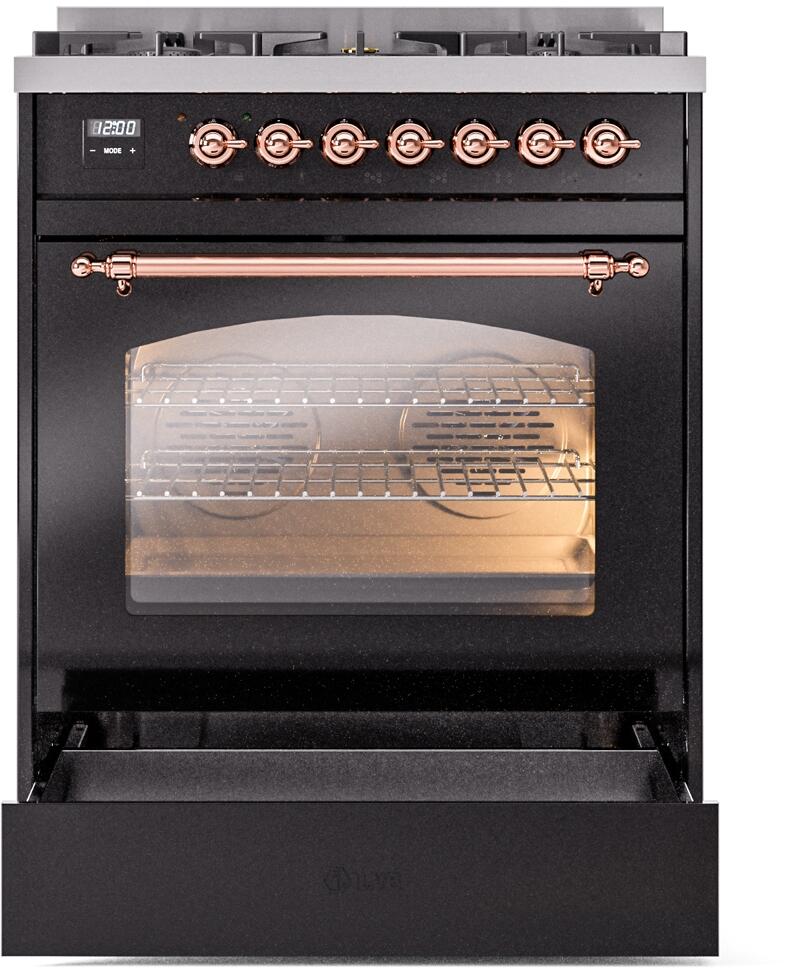 Nostalgie II 30 Inch Dual Fuel Natural Gas Freestanding Range in Glossy Black with Copper Trim