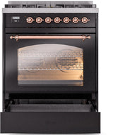 Nostalgie II 30 Inch Dual Fuel Natural Gas Freestanding Range in Glossy Black with Copper Trim