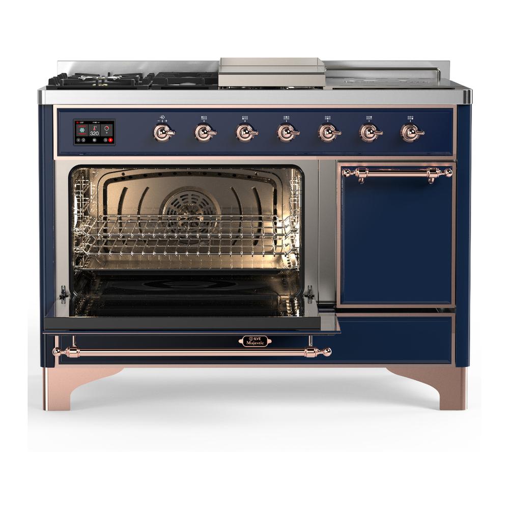 ILVE UM48FSQNR3MBP Majestic III 48 inch Dual Fuel Range with 5 Black Brass Burners, Griddle and French Top, Dual Function Burner up to 25,000 BTU (Natural Gas, Solid Door, Midnight Blue, Copper)