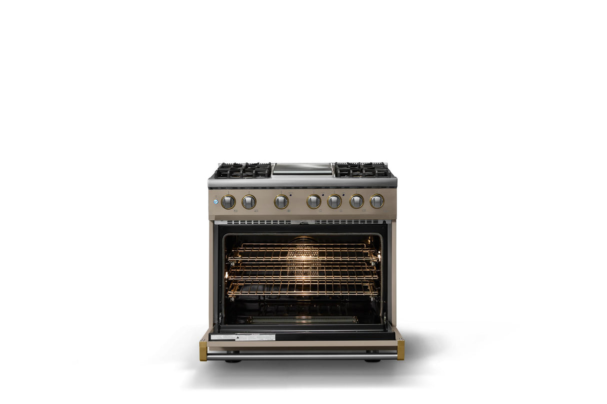 36"W. Dual Fuel Range (Burner: 4g, Finish: Nantucket, Trim: Brushed Brass, Fuel: Natural Gas)