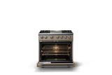 36"W. Dual Fuel Range (Burner: 4g, Finish: Nantucket, Trim: Brushed Brass, Fuel: Propane)