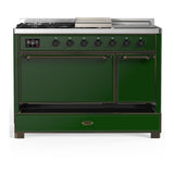 ILVE UM48FSQNR3EGB Majestic III 48 inch Dual Fuel Range with 5 Black Brass Burners, Griddle and French Top, Dual Function Burner up to 25,000 BTU (Natural Gas, Solid Door, Emerald Green, Burnished)