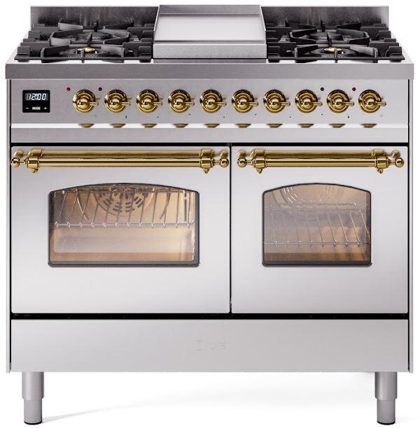 Nostalgie II 40 Inch Dual Fuel Natural Gas Freestanding Range in Stainless Steel with Brass Trim