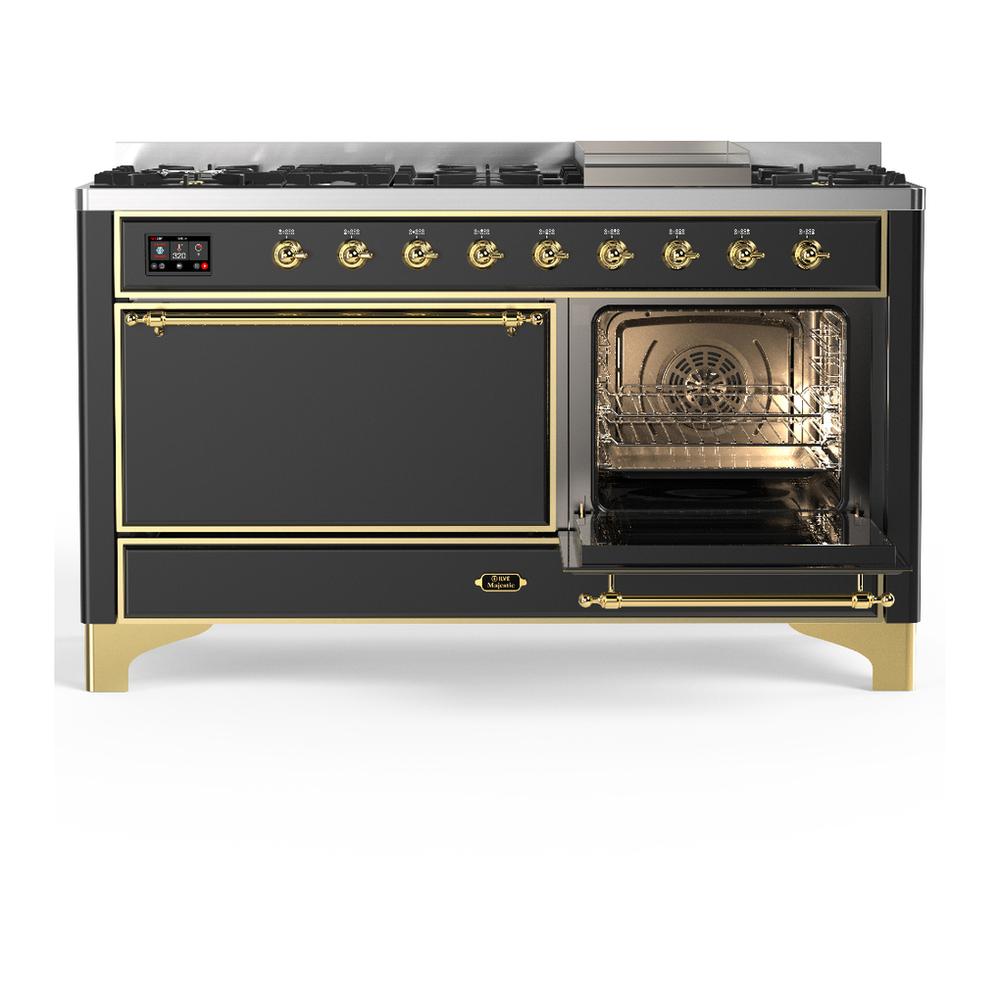 ILVE UM60FQNR3MGGLP Majestic III 60 inch Dual Fuel Range with 9 Burners and Griddle, Dual Function Burner up to 25,000 BTU (Liquid Propane, Solid Door, Graphite Matte, Brass)