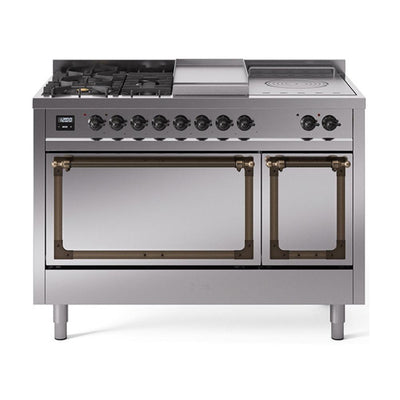 ILVE UN48FSQNMPSSB Nostalgie II Noblesse 48 inch Dual Fuel Range (5 Sealed Burners + Griddle + French Top, Natural Gas, Solid Door, Stainless Steel, Burnished)