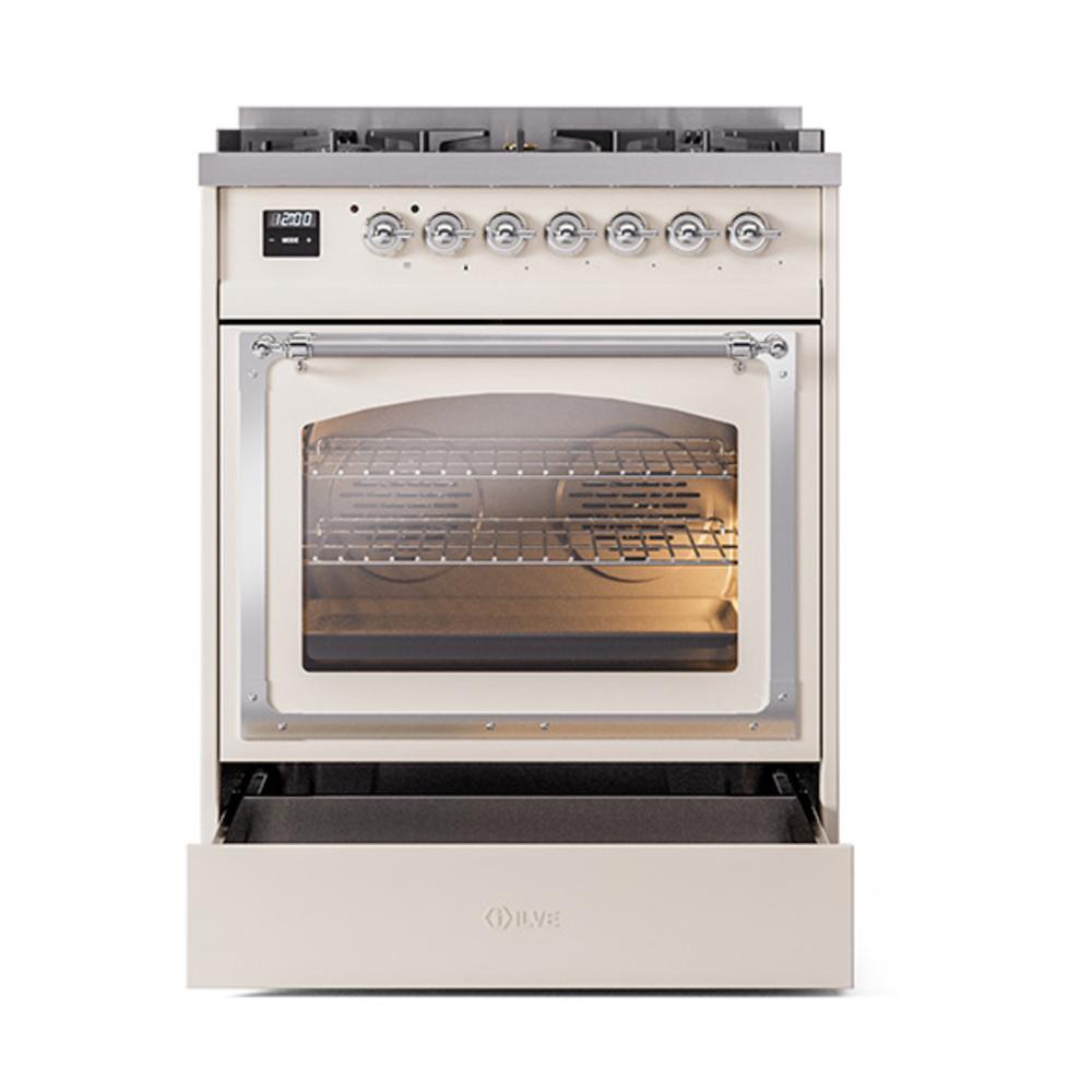 ILVE UN30NMPAWC Nostalgie II Noblesse 30 inch Dual Fuel Range (Natural Gas, Triple Glass Door, Antique White, Chrome)