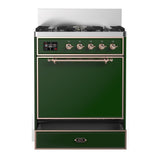 ILVE UM30QNR3EGPLP Majestic III 30 inch Dual Fuel Range with 5 Black Brass Burners, Dual Function Burner up to 25,000 BTU (Liquid Propane, Solid Door, Emerald Green, Copper)
