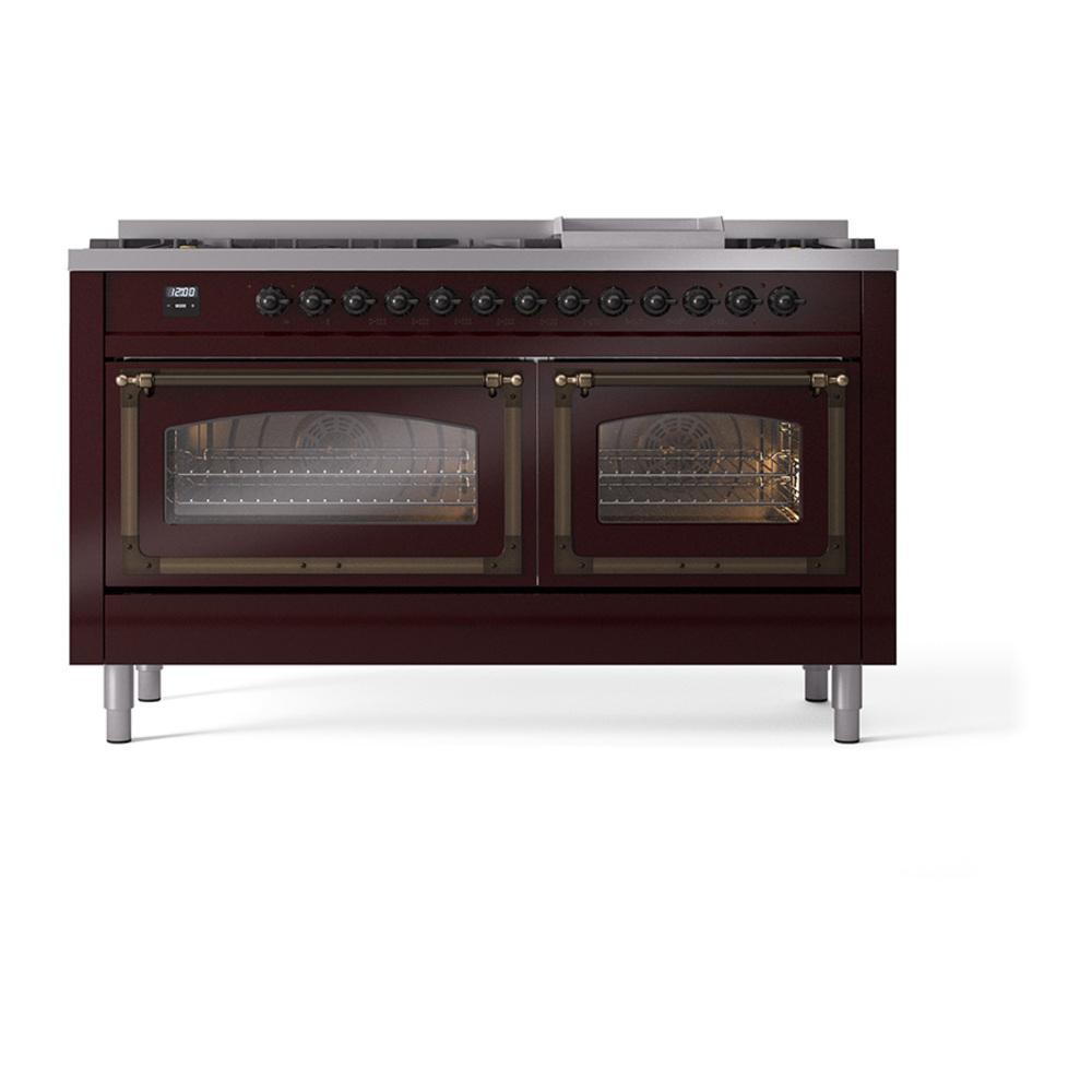 ILVE UN60FNMPBUBLP Nostalgie II Noblesse 60 inch Dual Fuel Range (9 Sealed Burners + Griddle, Liquid Propane, Triple Glass Door, Burgundy, Burnished)