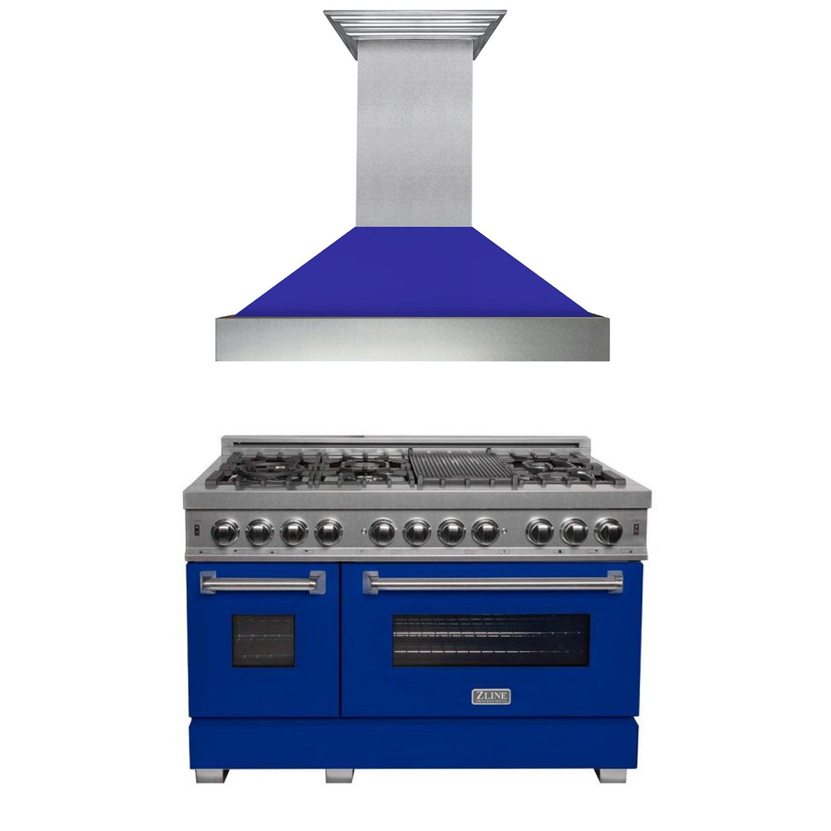 ZLINE 48 in. Kitchen Package with DuraSnow Stainless Steel Dual Fuel Range with Blue Matte Door and Convertible Vent Range Hood (2KP-RASBMRH48)