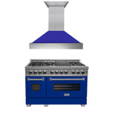 ZLINE 48 in. Kitchen Package with DuraSnow Stainless Steel Dual Fuel Range with Blue Matte Door and Convertible Vent Range Hood (2KP-RASBMRH48)