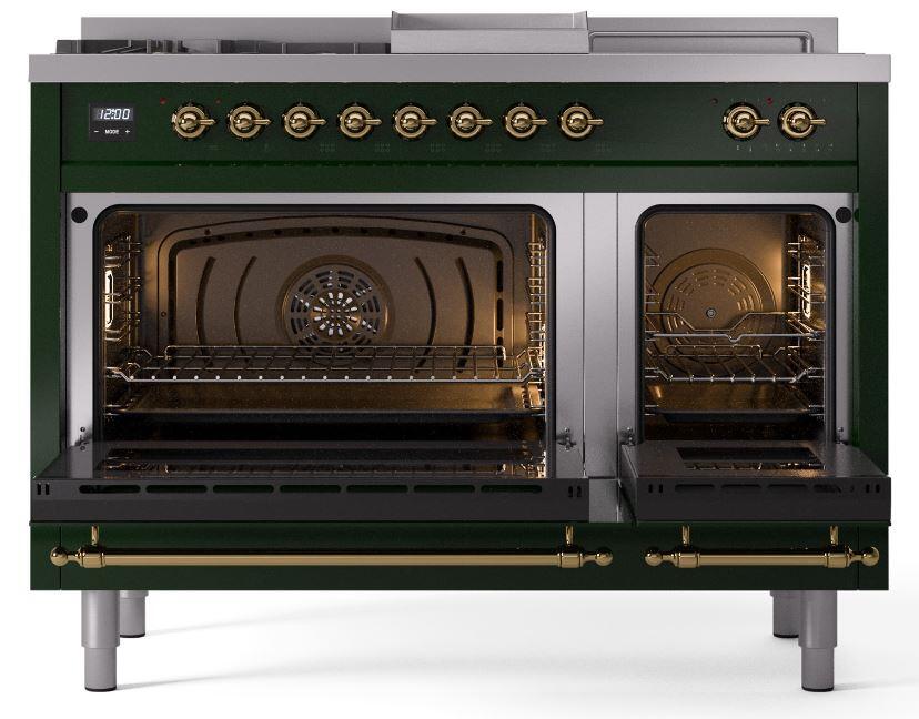 Nostalgie II 48 Inch Dual Fuel Natural Gas Freestanding Range in Emerald Green with Brass Trim